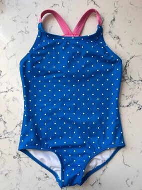 Mini Boden Blue Polka Dot One-Piece Swimsuit with Rainbow Back 2T/3T